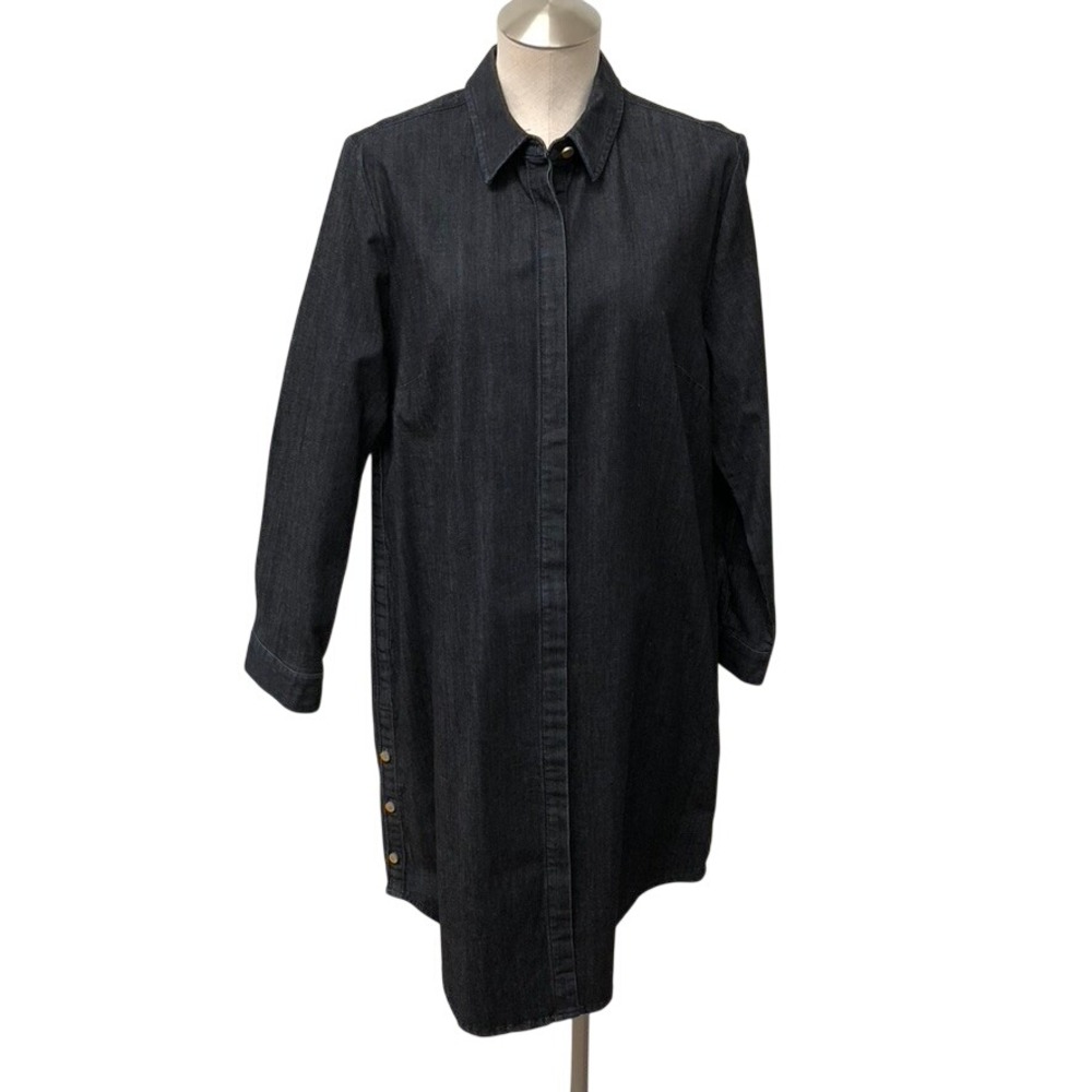 Chicos Denim Shirt Dress Women Size 12 Large Blue Dark Wash Hidden Button 2